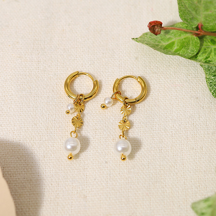 1 paire de boucles d'oreilles pendantes plaquées or 18 carats, Style IG Simple, placage de perles rondes en acier inoxydable