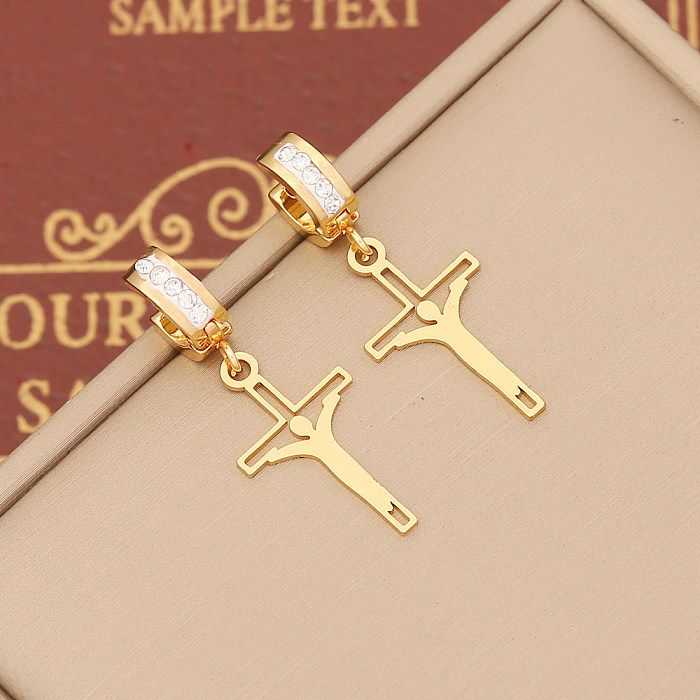 Boucles d'oreilles pendantes en Zircon, Style rétro Simple, incrustation en acier inoxydable, croix, 1 pièce