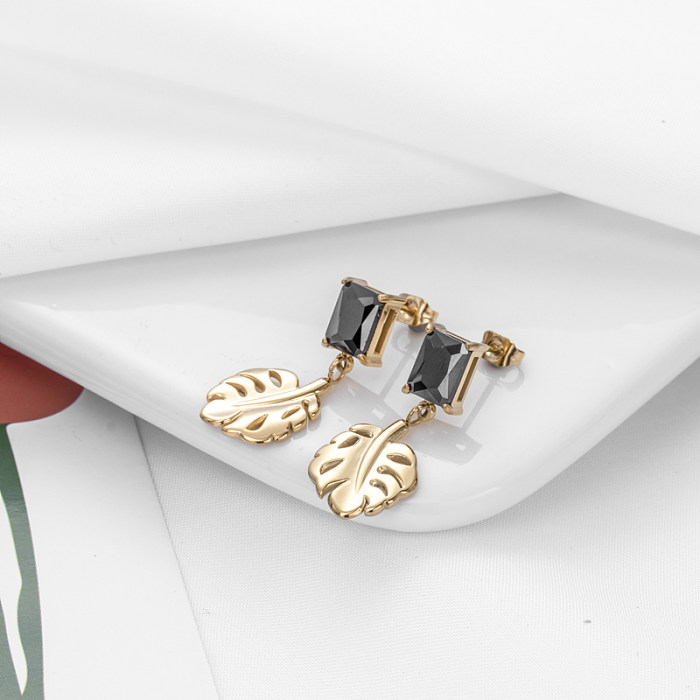 1 Pair Vintage Style Leaves Tassel Snake Plating Inlay Stainless Steel  Zircon 18K Gold Plated Drop Earrings