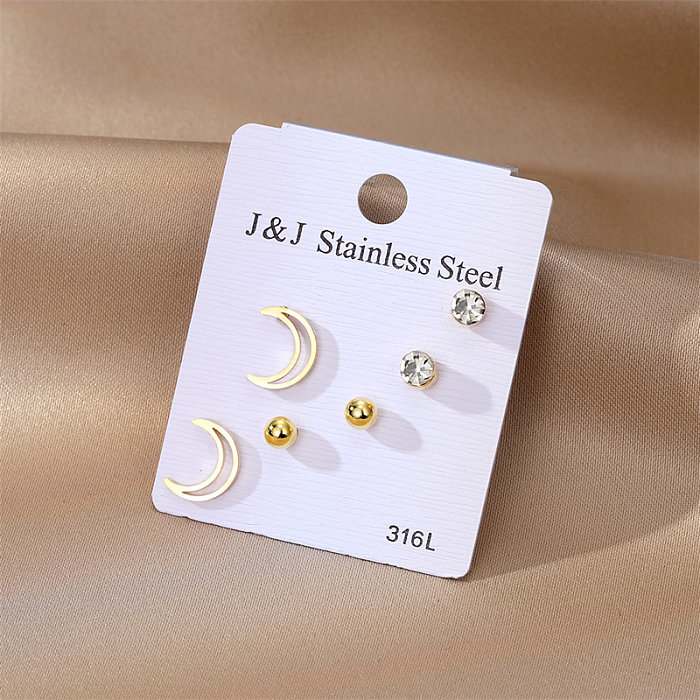 3 Pairs Simple Style Moon Stainless Steel  Inlay Zircon Ear Studs