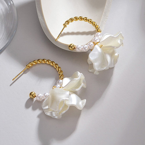 1 Paar Damen-Tropfenohrringe mit Blumenbeschichtung aus Edelstahl mit künstlichen Perlen und 18 Karat vergoldet