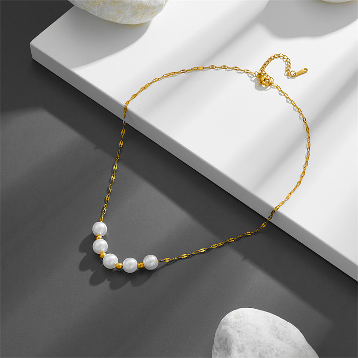Collier plaqué or 18 carats avec perles rondes en acier inoxydable de style simple