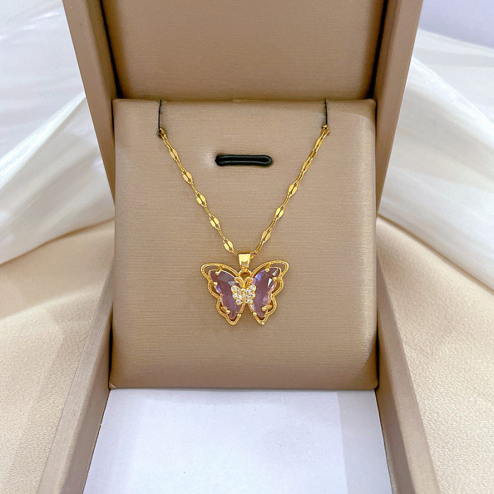Moderne Schmetterlings-Halskette mit Anhänger aus Edelstahl, Kupfer-Inlay und Zirkon