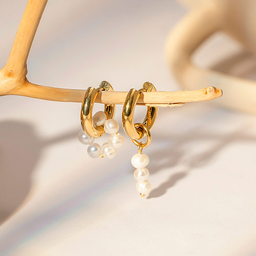 Boucles d'oreilles rétro géométriques en acier inoxydable plaqué or avec perles, 1 paire