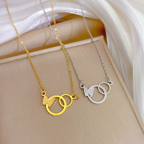 Lady Double Ring Butterfly Stainless Steel Plating Pendant Necklace 1 Piece