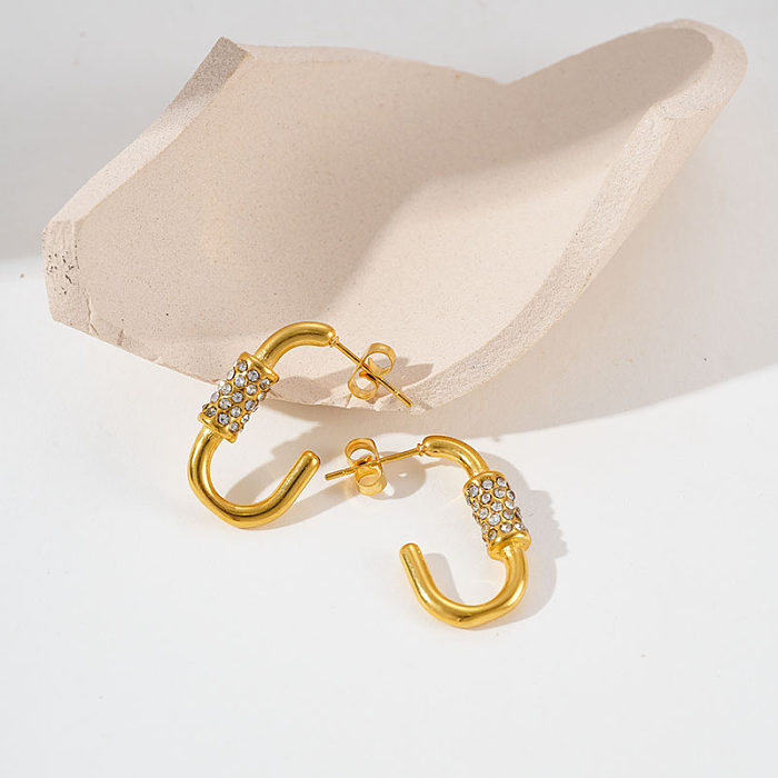 1 Paar schlichte, einfarbige Inlay-Ohrringe aus Edelstahl mit Zirkon und vergoldet
