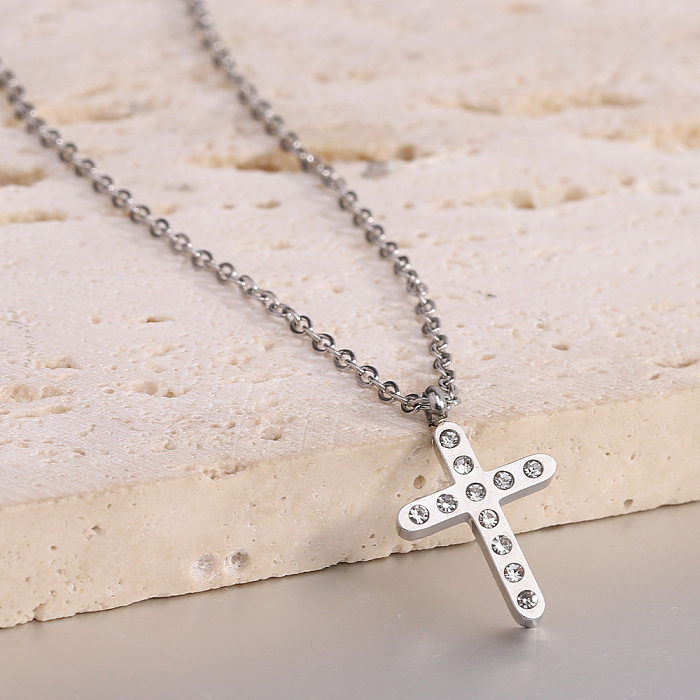 Punk Cool Style Cross Stainless Steel  Stainless Steel Inlay Artificial Diamond Pendant Necklace