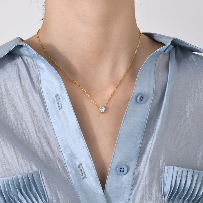 Collier pendentif en Zircon avec incrustation de placage en acier inoxydable en forme de cœur pour femme