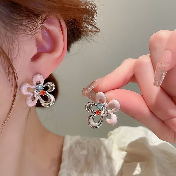 1 Pair Elegant Artistic Commute Flower Enamel Inlay Stainless Steel  Zircon Ear Studs