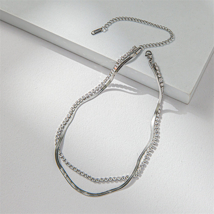Retro Geometric Stainless Steel Inlaid Zircon Necklace