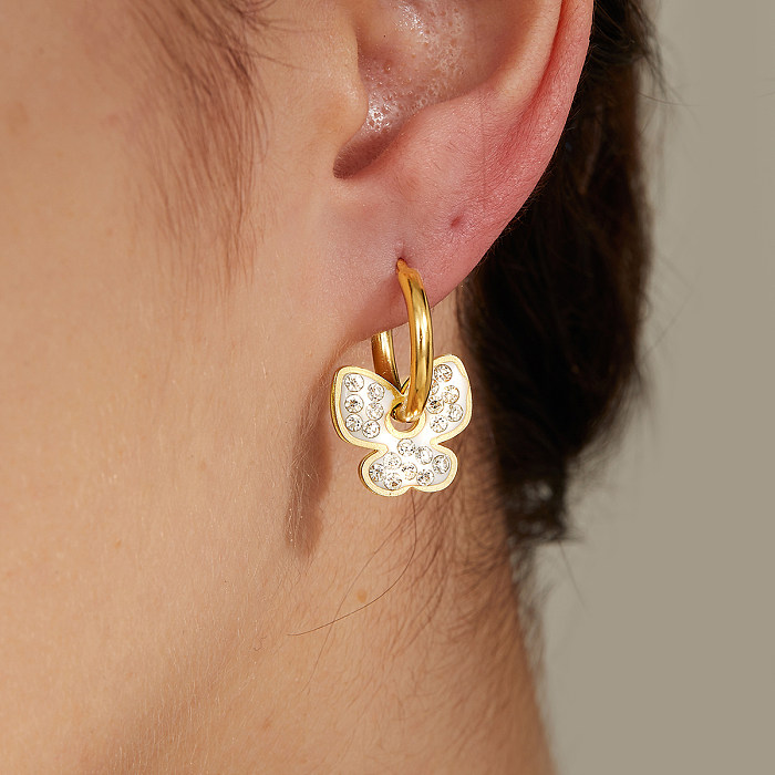 Fashion Heart Shape Butterfly Lock Stainless Steel  Plating Zircon Dangling Earrings 1 Pair