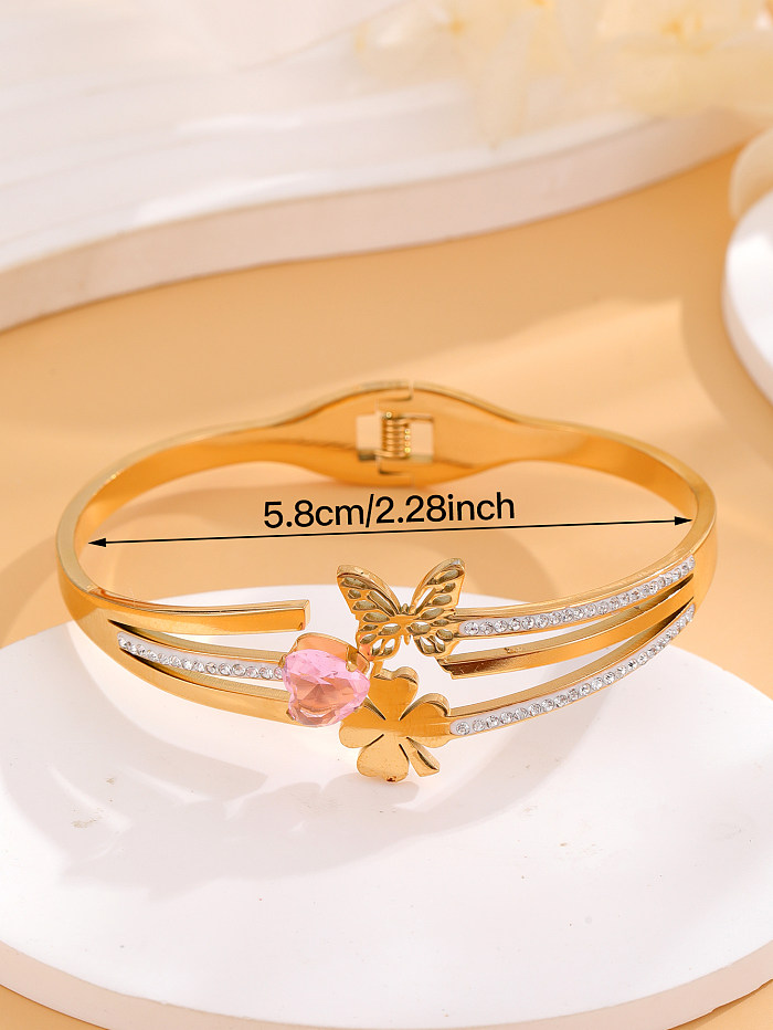 Glam Luxurious Four Leaf Clover Heart Shape Butterfly Titanium Steel Plating Inlay Rhinestones Zircon 18K Gold Plated Bangle