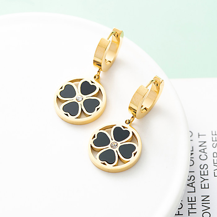 1 Pair Fashion Four Leaf Clover Heart Shape Stainless Steel Patchwork Inlay Shell Drop Earrings