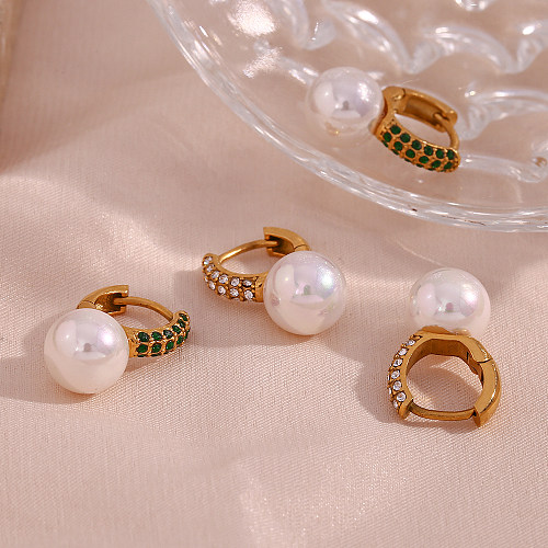 Boucles d'oreilles géométriques de Style français, 1 paire, incrustation de perles artificielles en acier inoxydable, Zircon plaqué or 18 carats