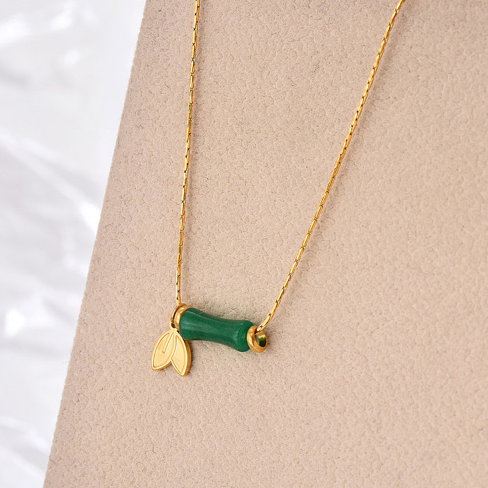Chinoiserie Elegant Bamboo Stainless Steel  Polishing Plating Jade 14K Gold Plated Necklace