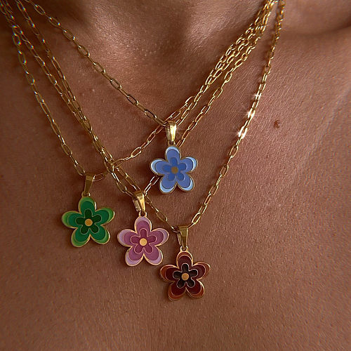 Cute Flower Stainless Steel Enamel Plating Pendant Necklace 1 Piece