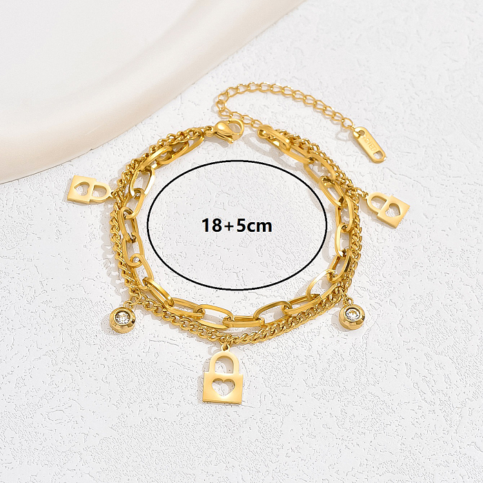 Wholesale Hip-Hop Solid Color Cool Style Eiffel Tower Heart Shape Lock Stainless Steel Plating Inlay 18K Gold Plated Zircon Bracelets