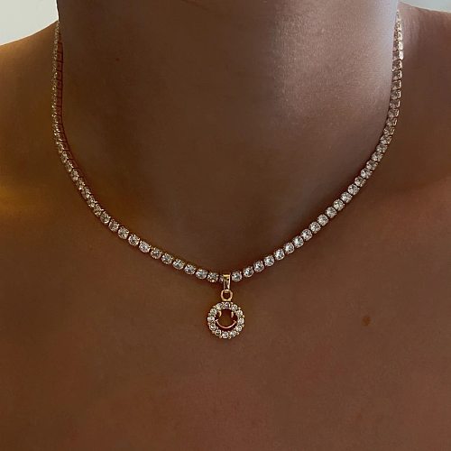 Wholesale Retro Smiley Face Stainless Steel  18K Gold Plated Zircon Pendant Necklace Choker