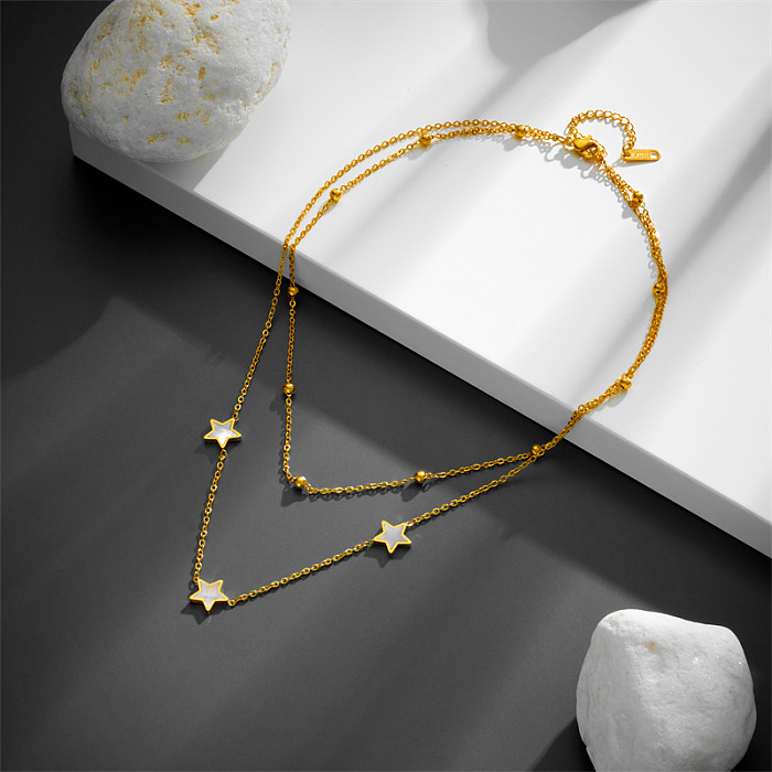 Mehrschichtige Halsketten im einfachen Stil mit Stern-Edelstahlbeschichtung und Muschel-18-Karat-Vergoldung