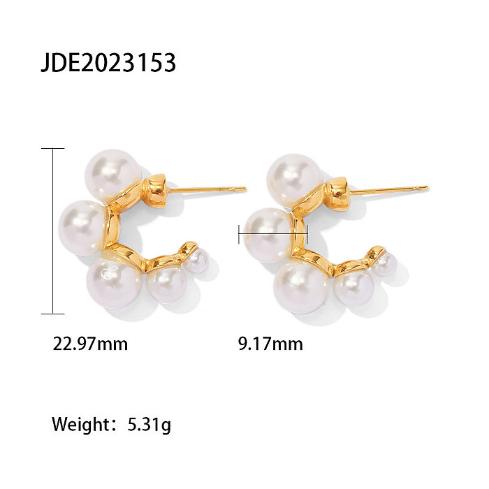 Boucles d'oreilles élégantes géométriques en acier inoxydable avec incrustation de perles et de zircon, 1 paire