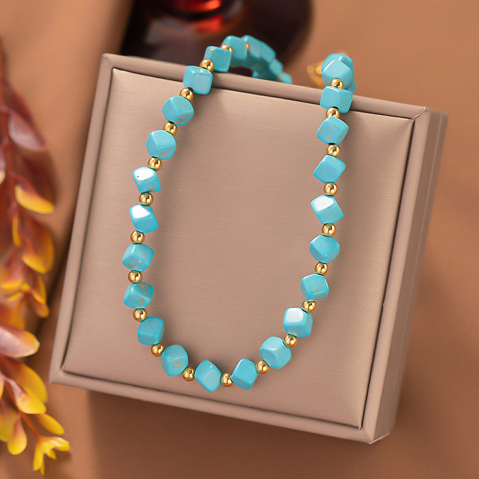 Lässige Retro-Halskette aus rundem, quadratischem, ovalem, türkisfarbenem Edelstahl mit Perlenbeschichtung