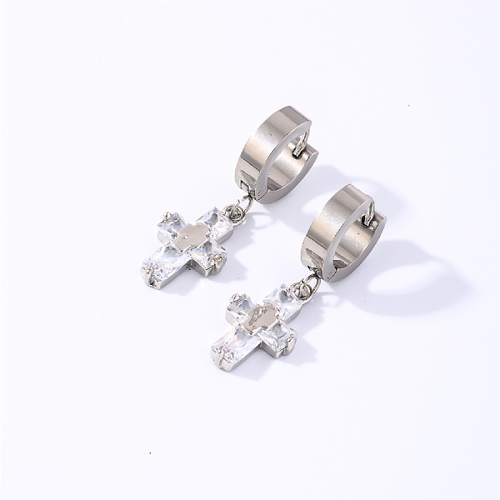 1 Pair Hip-Hop Rock Cross Key Plating Inlay Stainless Steel  Zircon Silver Plated Drop Earrings