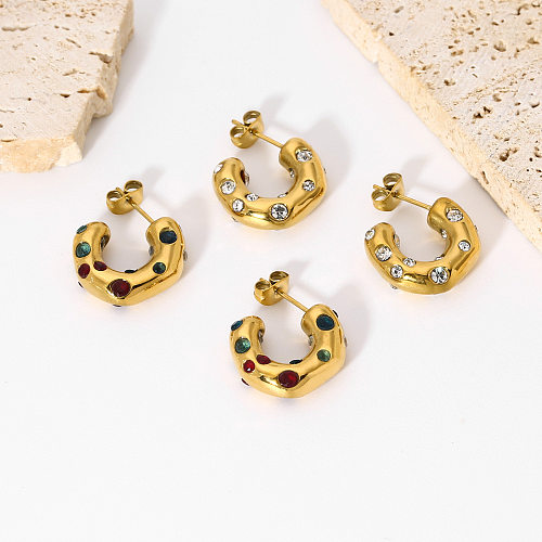 1 Pair Casual Classic Style C Shape Plating Inlay Stainless Steel  Rhinestones 18K Gold Plated Ear Studs