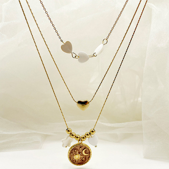Estilo IG estilo simples Sun Moon formato de coração em aço inoxidável banhado a ouro colar de três camadas