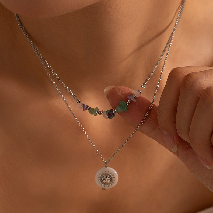 Collier pendentif à chaîne perlée en acier inoxydable à coquille ronde de style IG