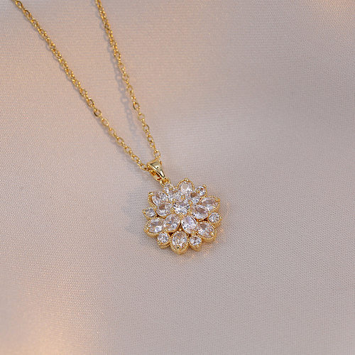 Sweet Flower Stainless Steel Inlay Zircon Pendants Pendant Necklace