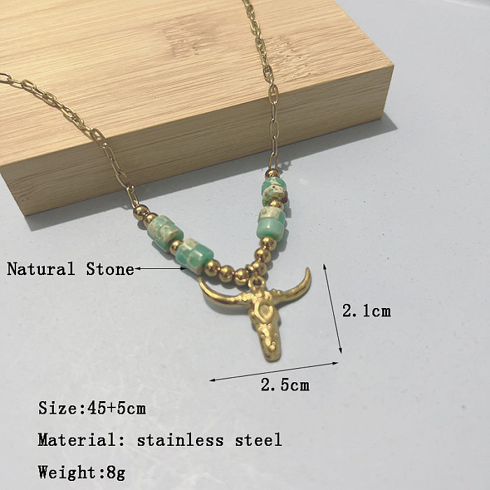 Collier pendentif en pierre naturelle plaqué acier inoxydable, tête de taureau à la mode