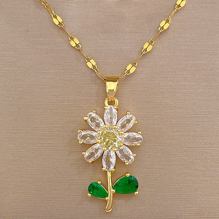 Sweet Flower Stainless Steel Copper Inlay Zircon Pendant Necklace