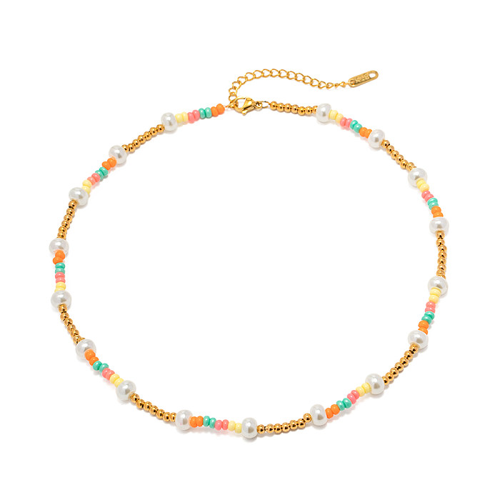 Wholesale 1 Piece INS Style Colorful Stainless Steel  Beaded 18K Gold Plated Necklace