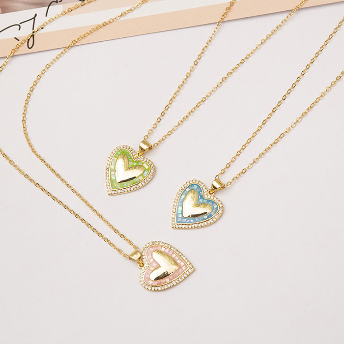 Sweet Heart Shape Stainless Steel  Copper Inlay Rhinestones Pendant Necklace
