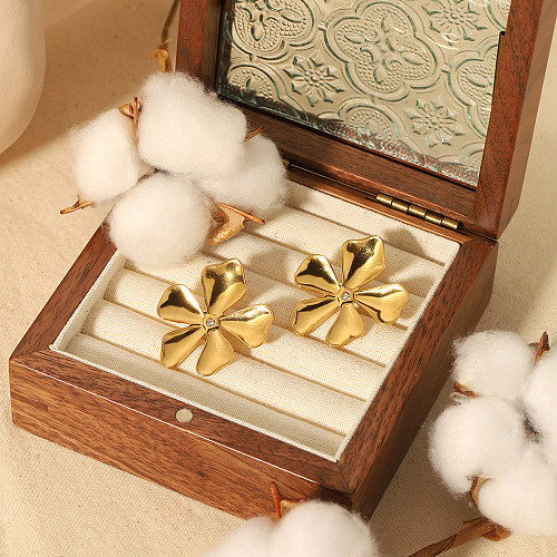 1 Paar süße Blumen-Ohrstecker mit polierter Beschichtung und Inlay aus Edelstahl mit Zirkon und 18-Karat-Vergoldung