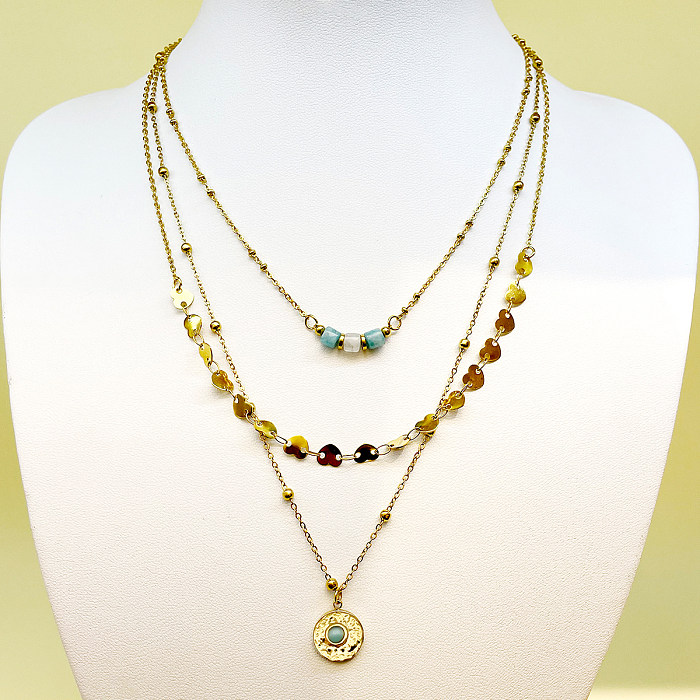 Retro-Schlichter-Stil, rund, herzförmig, Edelstahl, mit Perlenbeschichtung, Inlay, Zirkon, vergoldet, mehrschichtige Halsketten