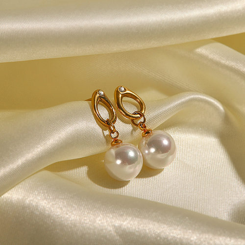 Pendientes colgantes de circonita con perlas artificiales y incrustaciones geométricas de acero inoxidable a la moda, 1 par