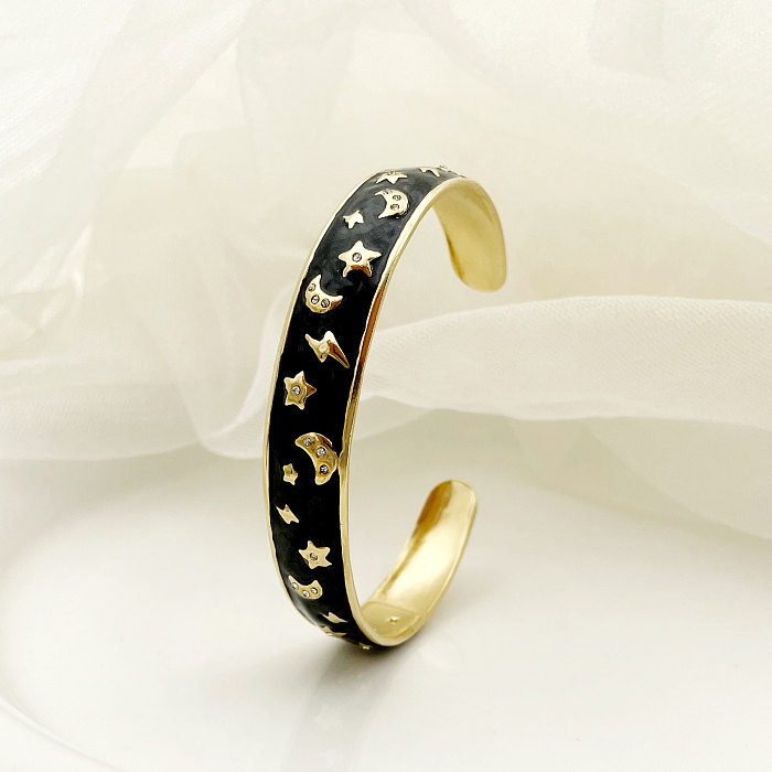British Style Commute Star Moon Stainless Steel Enamel Plating Inlay Rhinestones Gold Plated Bangle