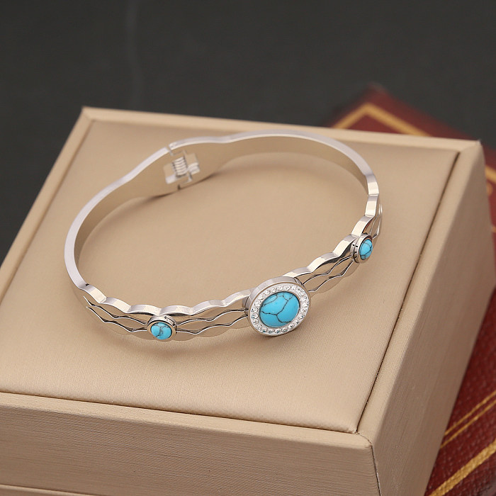 Vintage Style Bohemian Commute Geometric Stainless Steel Plating Inlay Turquoise Zircon Bangle