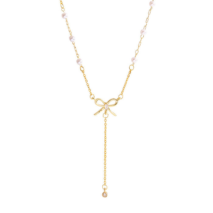 Mode-Halskette mit Schleifenknoten, Edelstahl-Inlay, künstlicher Diamant-Anhänger, 1 Stück