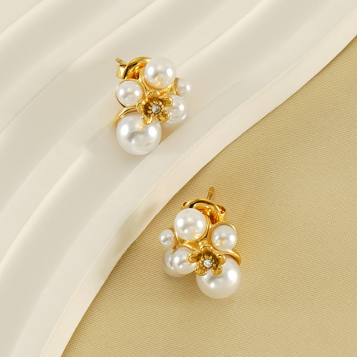 1 Pair Vintage Style Flower Polishing Plating Stainless Steel  Artificial Pearls 18K Gold Plated Ear Studs