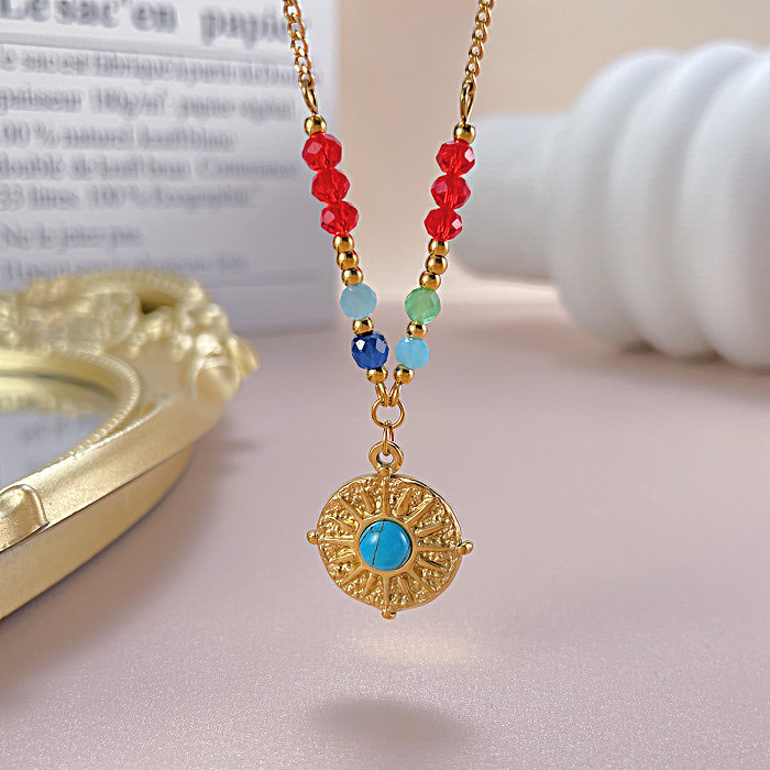 Vintage Style Round Stainless Steel Beaded Inlay Turquoise Pendant Necklace