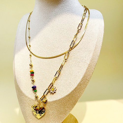 Casual Heart Shape Flower Stainless Steel  Gravel Layered Enamel Plating Gold Plated Layered Necklaces