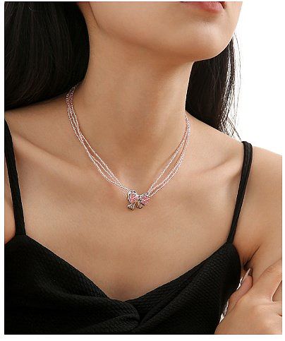 Sweet Bow Knot Stainless Steel Copper Plating Inlay Zircon Gold Plated Pendant Necklace