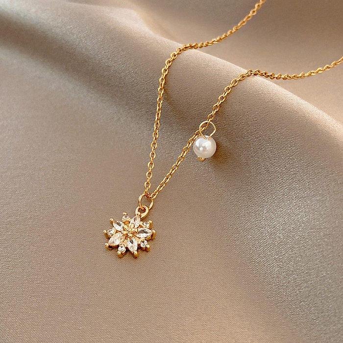 Elegant Simple Style Geometric Stainless Steel Plating Inlay Artificial Pearls Shell Zircon Necklace