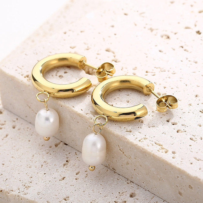 1 par de pendientes colgantes de diamantes de imitación de acero inoxidable con incrustaciones de perlas geométricas de estilo moderno