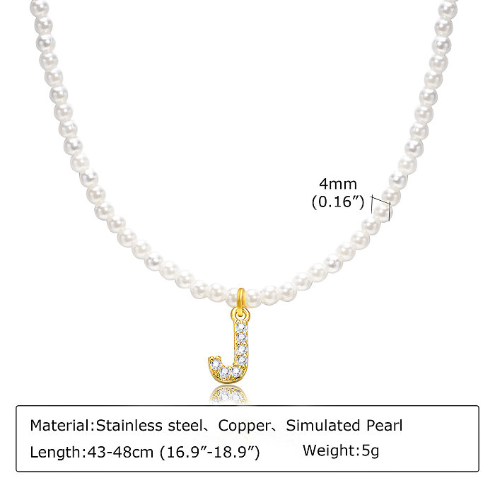 IG Style Baroque Style French Style Letter Stainless Steel  Artificial Pearl Plating Inlay Zircon 18K Gold Plated Pendant Necklace