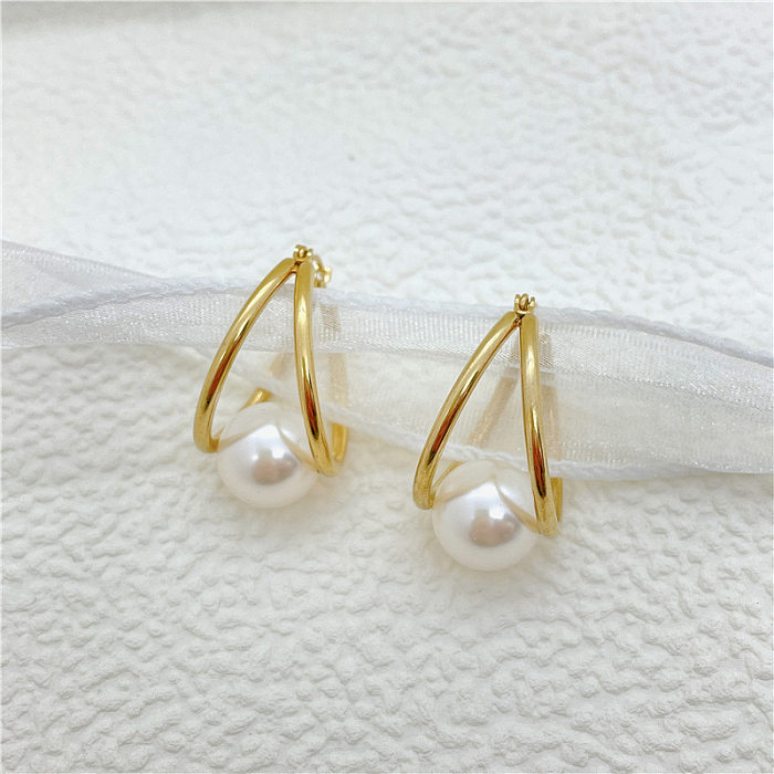 Einfacher Stil, geometrische Ohrringe mit künstlichen Perlen, Edelstahlbeschichtung, 1 Paar