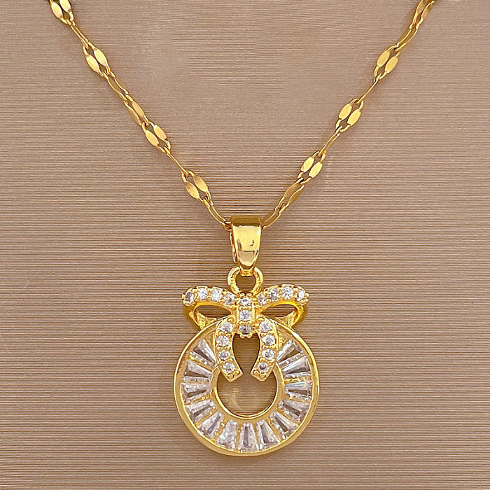Casual Circle Bow Knot Stainless Steel Copper Plating Hollow Out Inlay Zircon Pendant Necklace