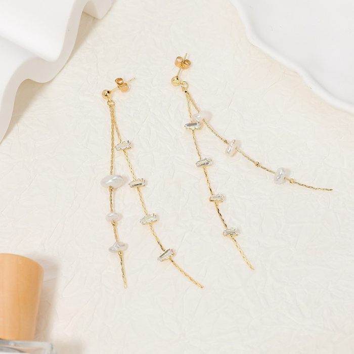 Boucles d'oreilles pendantes pour femmes, 1 paire, incrustation de pampilles croisées en acier inoxydable, cuivre, perles artificielles plaquées or
